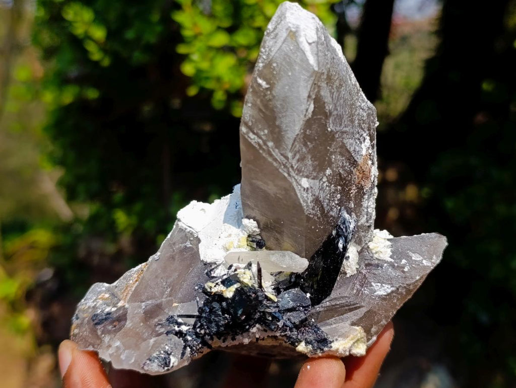 Natural Smokey Quartz Crystals with Schorl Black Tourmaline and Hyalite Opal x 2 From Erongo, Namibia