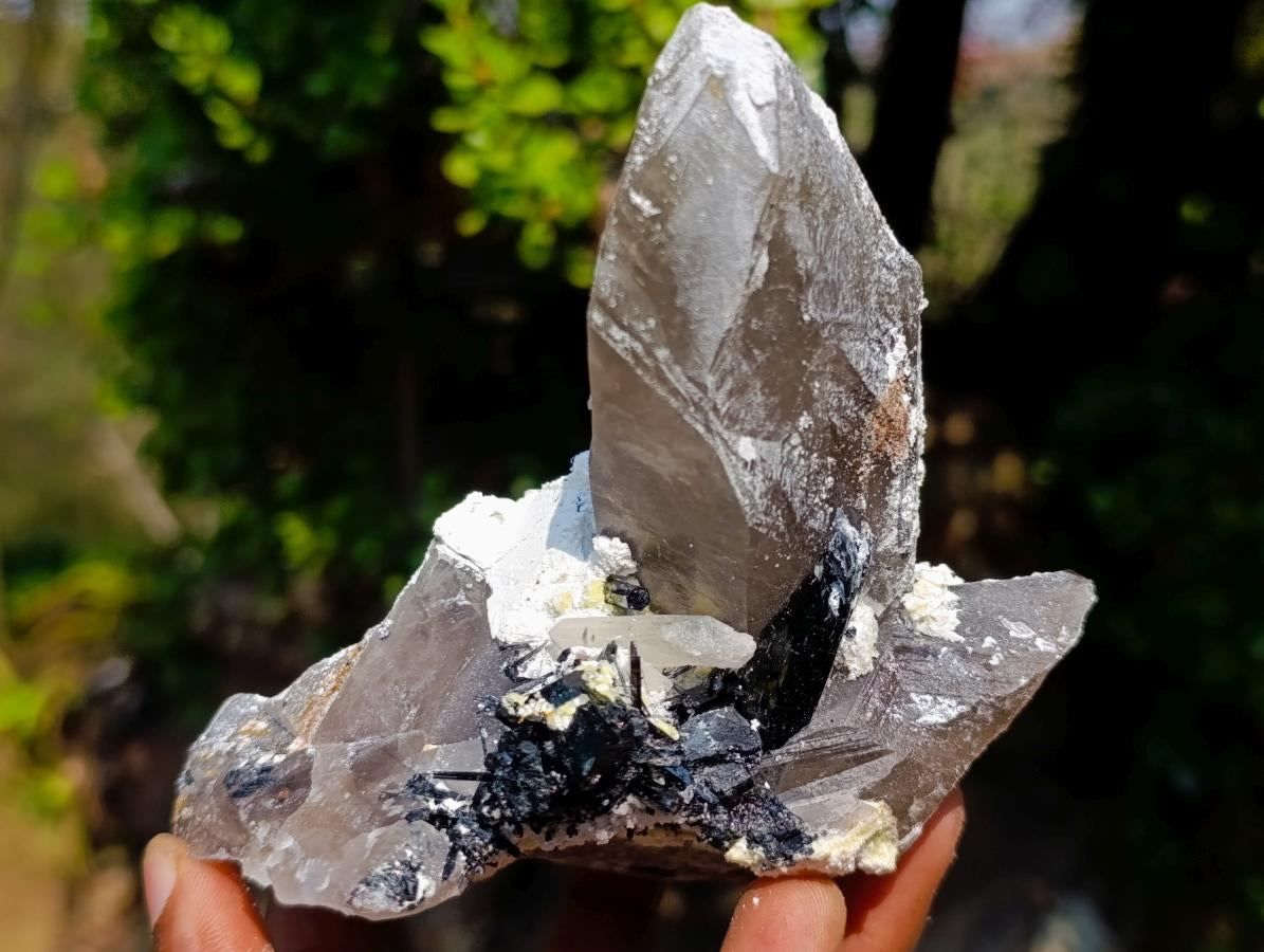 Natural Smokey Quartz Crystals with Schorl Black Tourmaline and Hyalite Opal x 2 From Erongo, Namibia