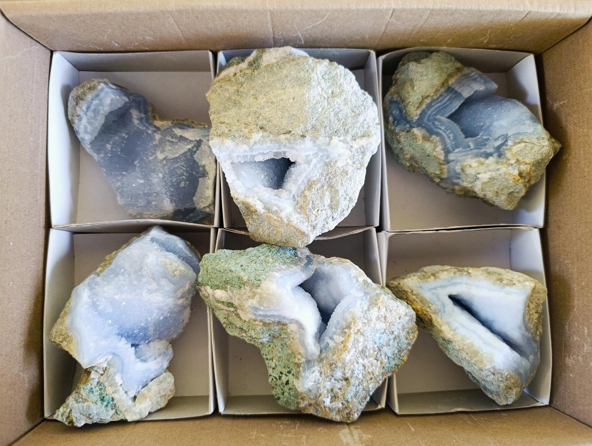 Natural Blue Lace Agate Geode Specimens x 6 From Nsanje, Malawi