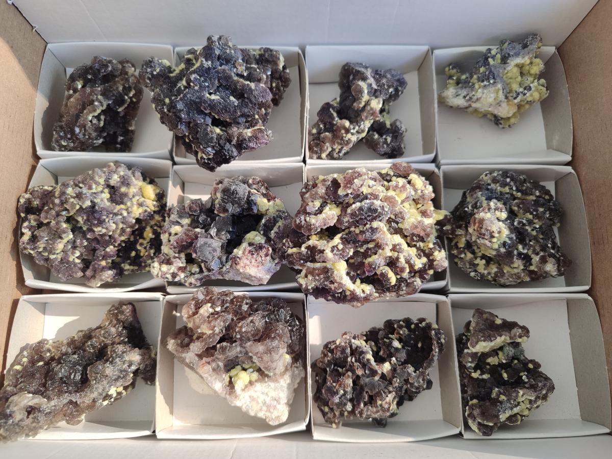 Natural Smokey and Purple Fluorite Specimens with Yellow Muscovite and Vermiculite Mica x 12 From Erongo, Namibia