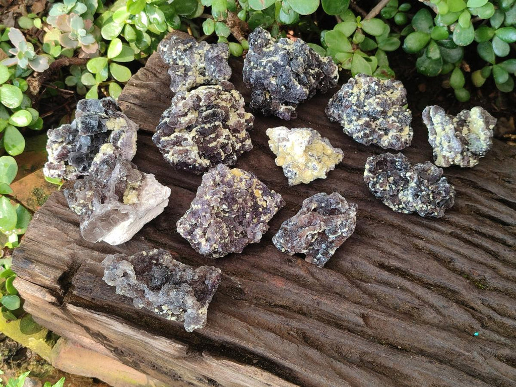 Natural Smokey and Purple Fluorite Specimens with Yellow Muscovite and Vermiculite Mica x 12 From Erongo, Namibia