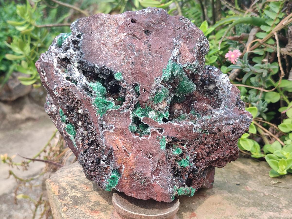 Natural Large Ball Malachite Specimen with Drusy Quartz on Red Dolomite x 1 From Mindingi Mine, Kambove, Congo