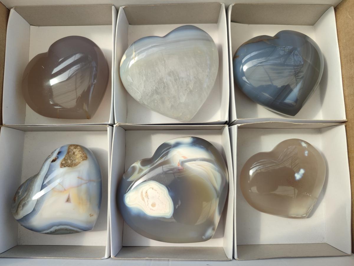 Polished Banded Agate Hearts x 6 From Madagascar