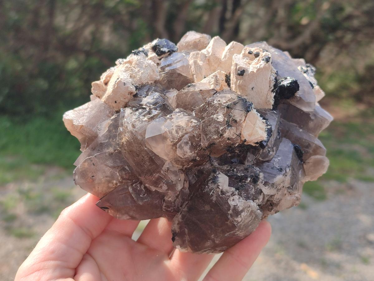 Natural Smokey Quartz Clusters with Feldspar and Schorl Black Tourmaline x 3 From Erongo, Namibia