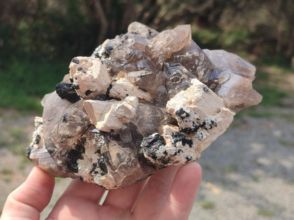 Natural Smokey Quartz Clusters with Feldspar and Schorl Black Tourmaline x 3 From Erongo, Namibia