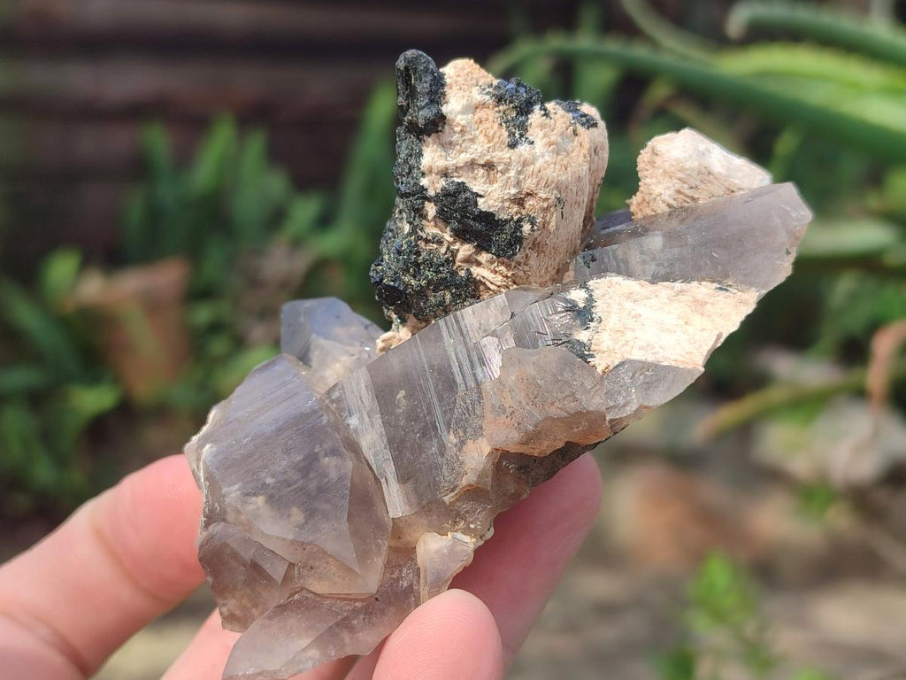 Natural Smokey Quartz Clusters with Feldspar and Schorl Black Tourmaline x 3 From Erongo, Namibia