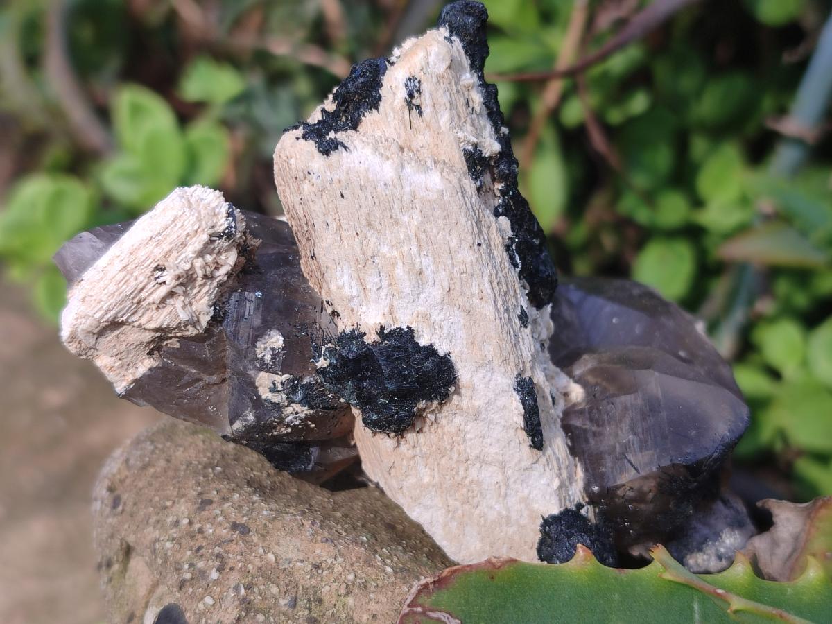 Natural Smokey Quartz Clusters with Feldspar and Schorl Black Tourmaline x 3 From Erongo, Namibia
