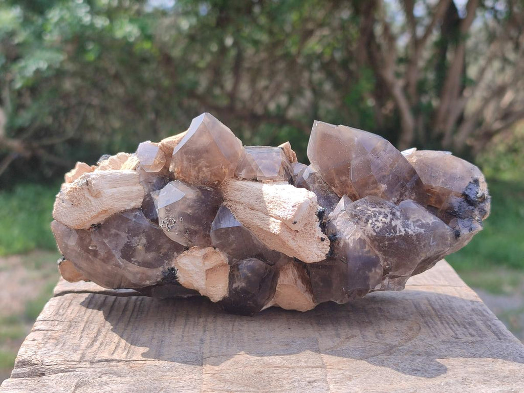 Natural Smokey Quartz Clusters with Feldspar and Schorl Black Tourmaline x 3 From Erongo, Namibia