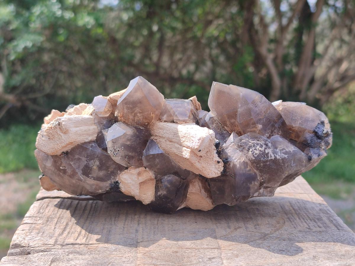 Natural Smokey Quartz Clusters with Feldspar and Schorl Black Tourmaline x 3 From Erongo, Namibia