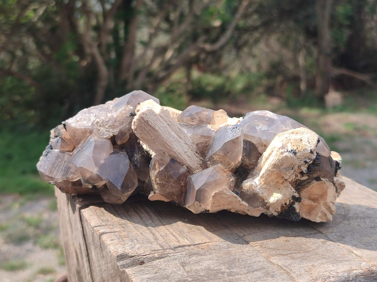 Natural Smokey Quartz Clusters with Feldspar and Schorl Black Tourmaline x 3 From Erongo, Namibia