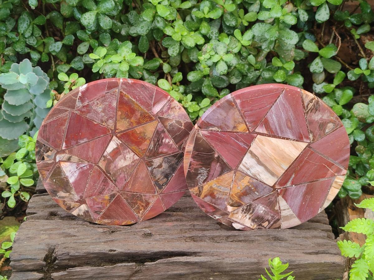 Hand Made Red Podocarpus Petrified Wood Conglomerate Plaques x 2 From Mahajanga, Madagascar