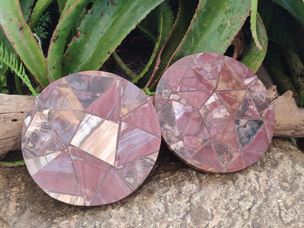 Hand Made Red Podocarpus Petrified Wood Conglomerate Plaques x 2 From Mahajanga, Madagascar