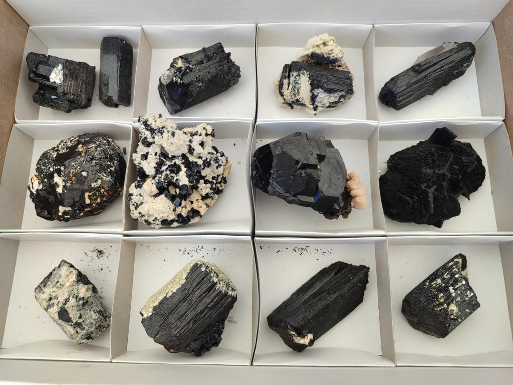 Natural Schorl Black Tourmaline Crystal Specimens with Associated Minerals x 13 From Erongo, Namibia