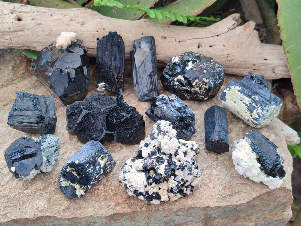 Natural Schorl Black Tourmaline Crystal Specimens with Associated Minerals x 13 From Erongo, Namibia