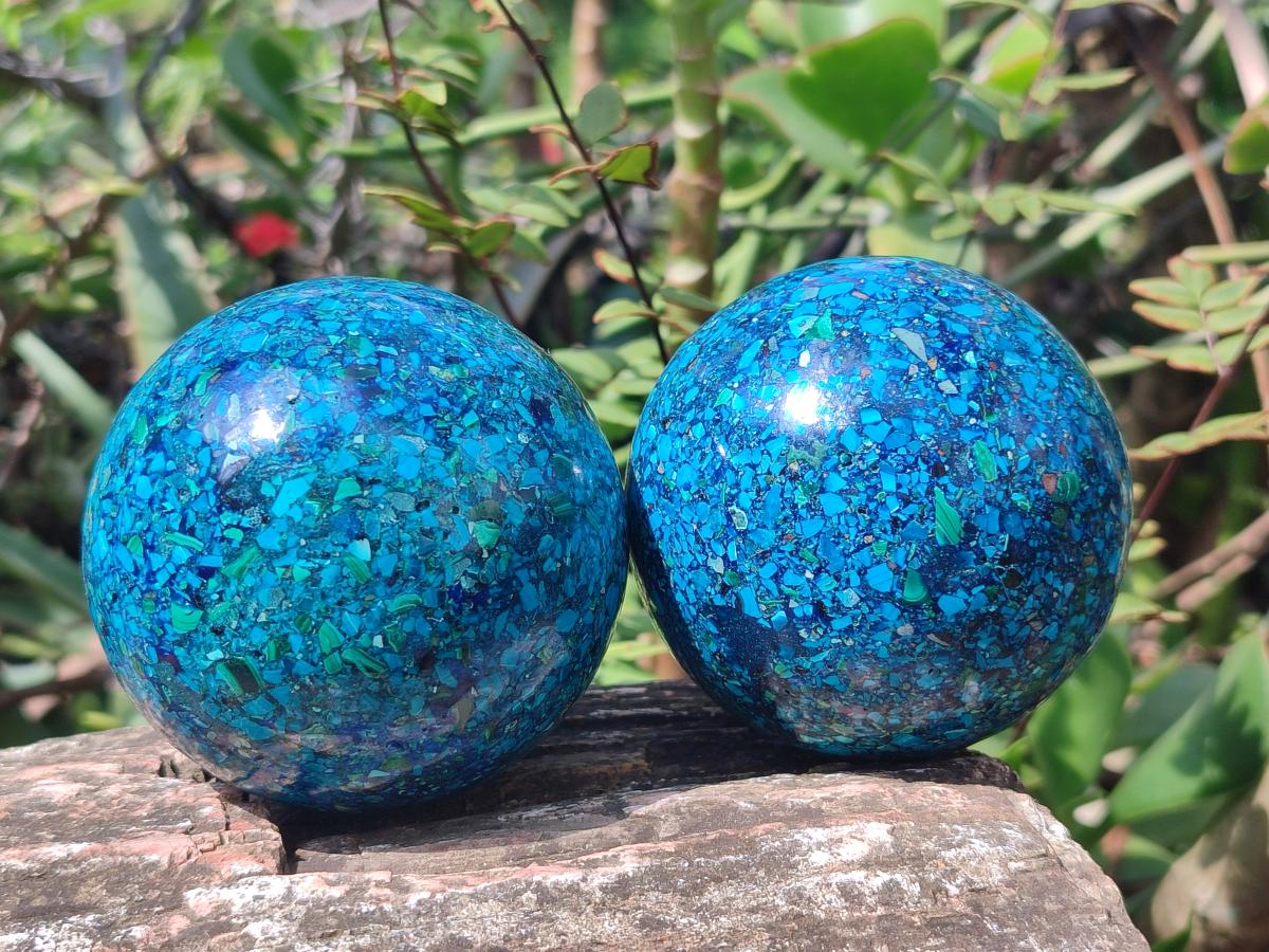 Hand Made Conglomerate Chrysocolla Spheres with Azurite and Malachite x 2 From Congo