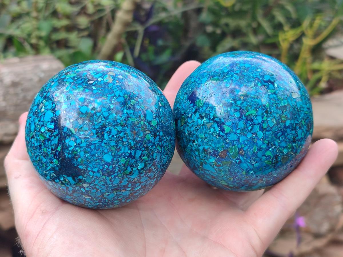 Hand Made Conglomerate Chrysocolla Spheres with Azurite and Malachite x 2 From Congo