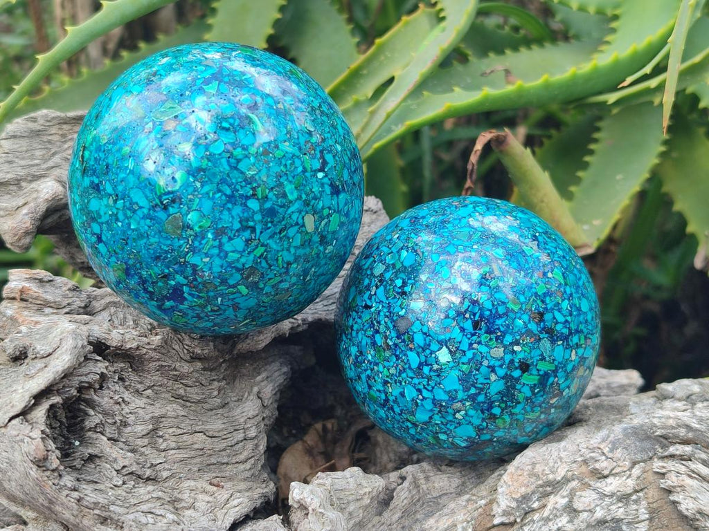 Hand Made Conglomerate Chrysocolla Spheres with Azurite and Malachite x 2 From Congo