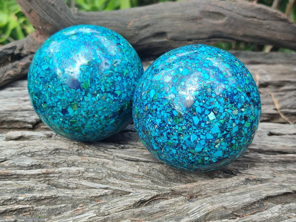 Hand Made Conglomerate Chrysocolla Spheres with Azurite and Malachite x 2 From Congo