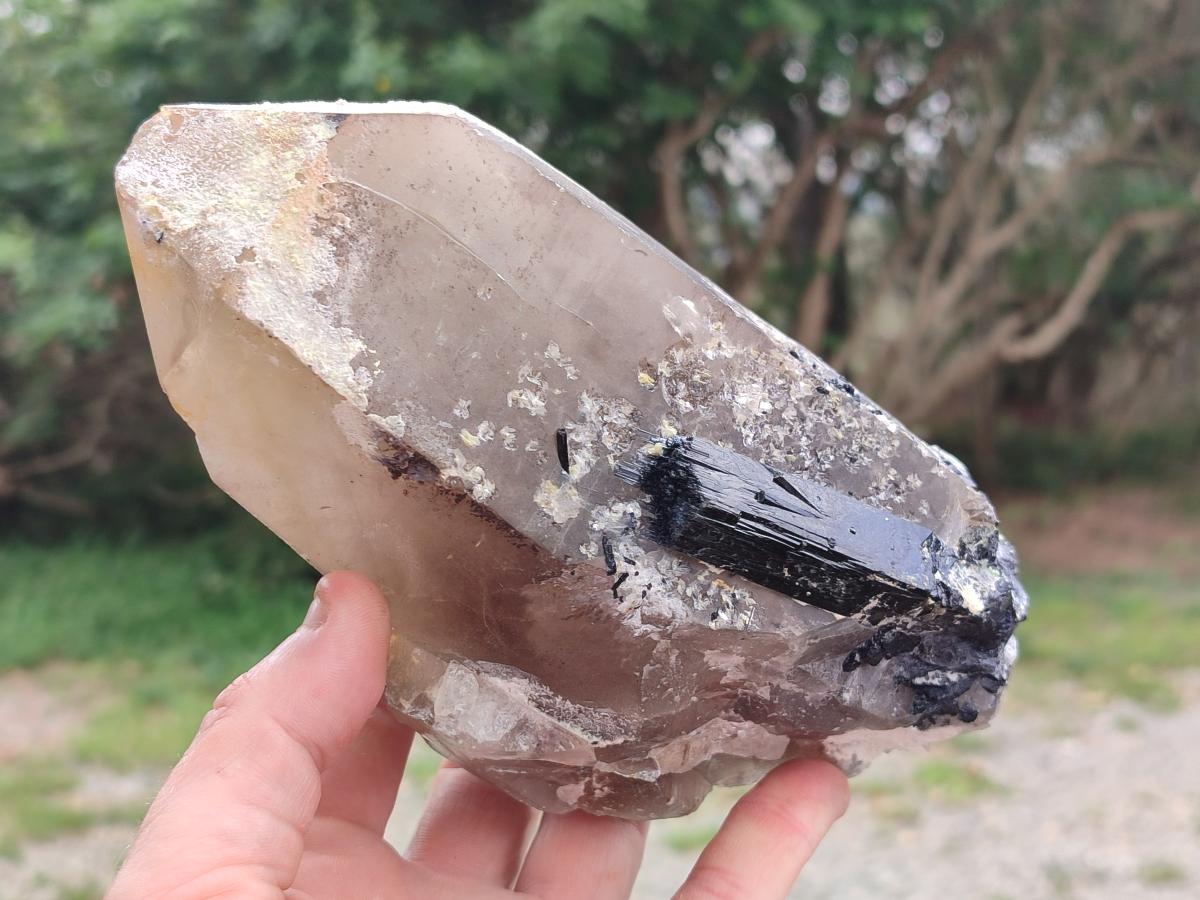 Natural Smokey Quartz Crystals with Black Tourmaline and Hyalite Opal x 3 From Erongo, Namibia