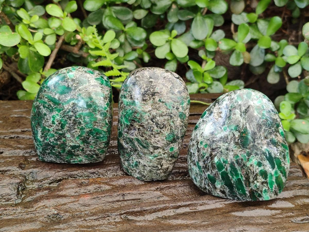 Polished Emerald Mica 'Mutokolite' Standing Display Pieces x 3 From Mutoko, Zimbabwe