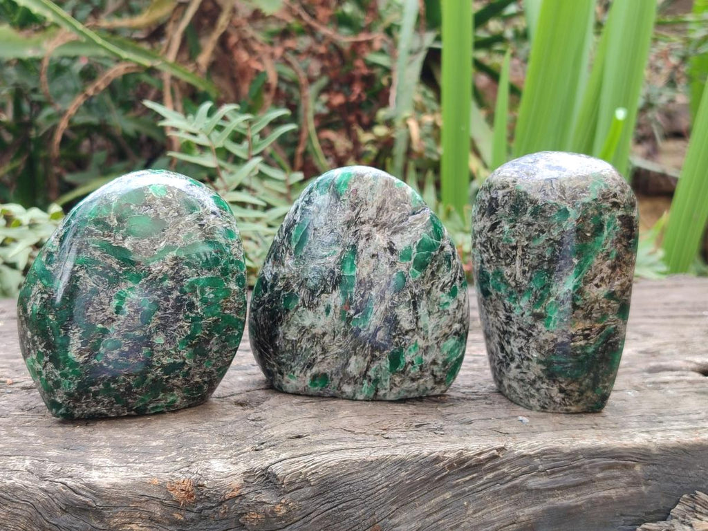 Polished Emerald Mica 'Mutokolite' Standing Display Pieces x 3 From Mutoko, Zimbabwe