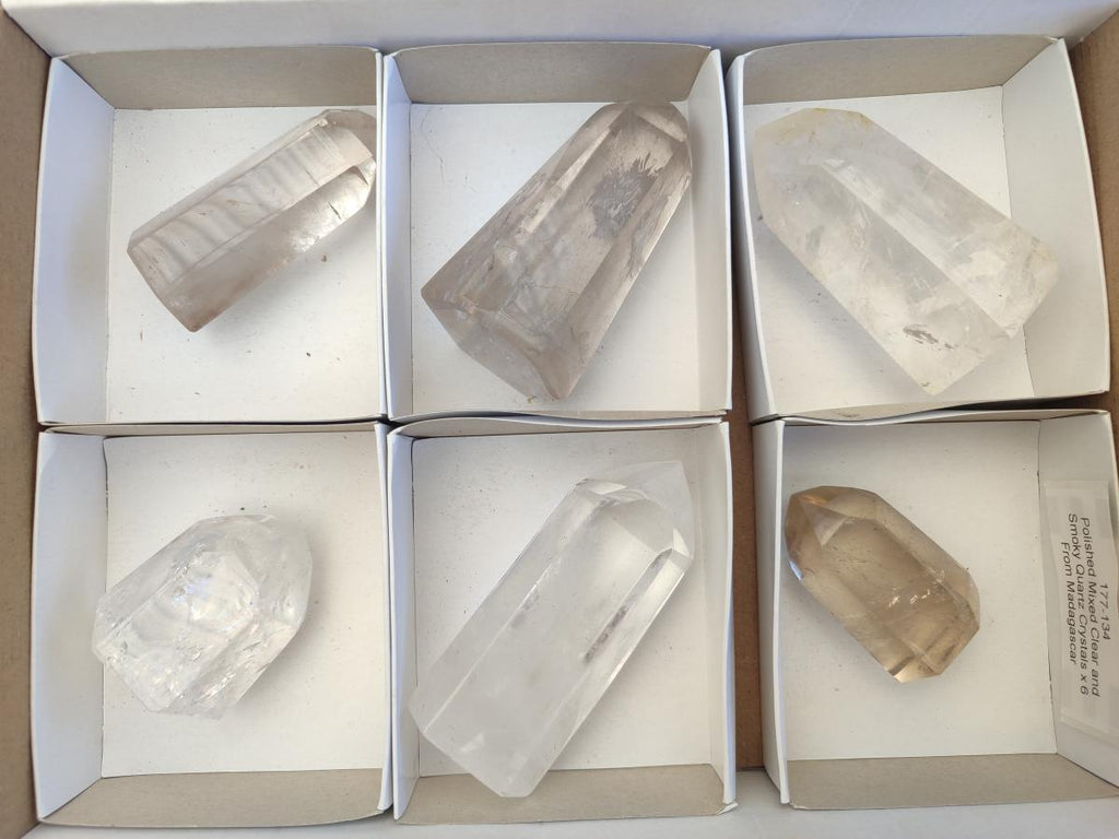 Polished Clear and Smokey Quartz Crystals x 6 From Madagascar