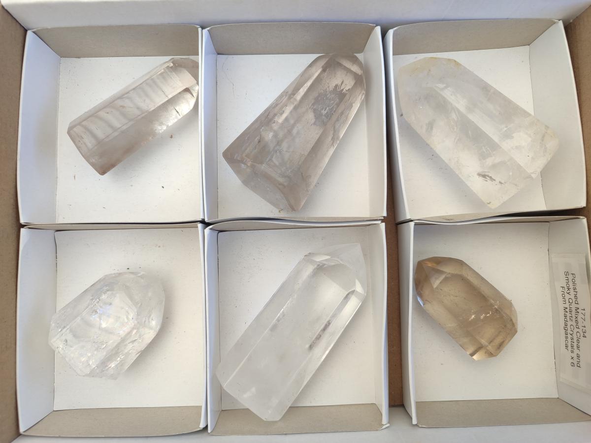 Polished Clear and Smokey Quartz Crystals x 6 From Madagascar