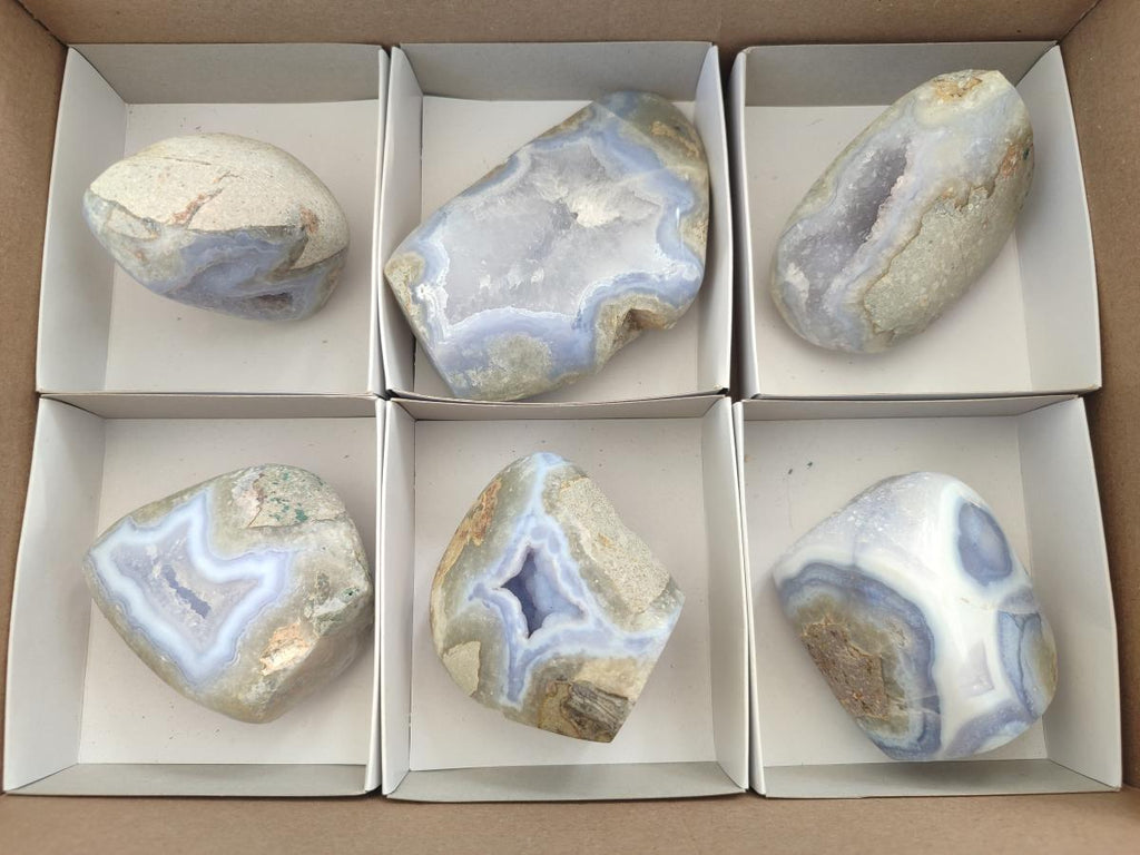 Polished and Natural Blue Lace Agate Standing Display Pieces x 6 From Nsanje, Malawi