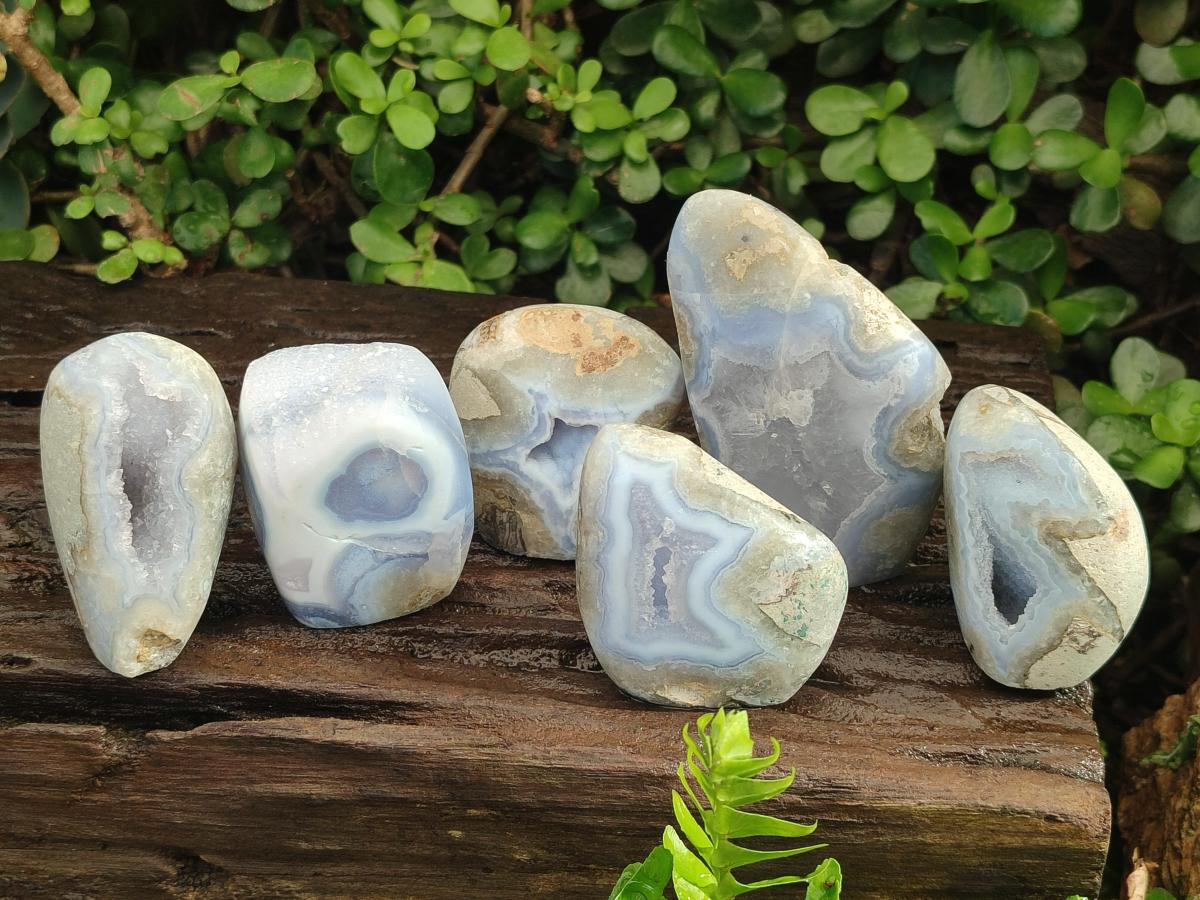 Polished and Natural Blue Lace Agate Standing Display Pieces x 6 From Nsanje, Malawi