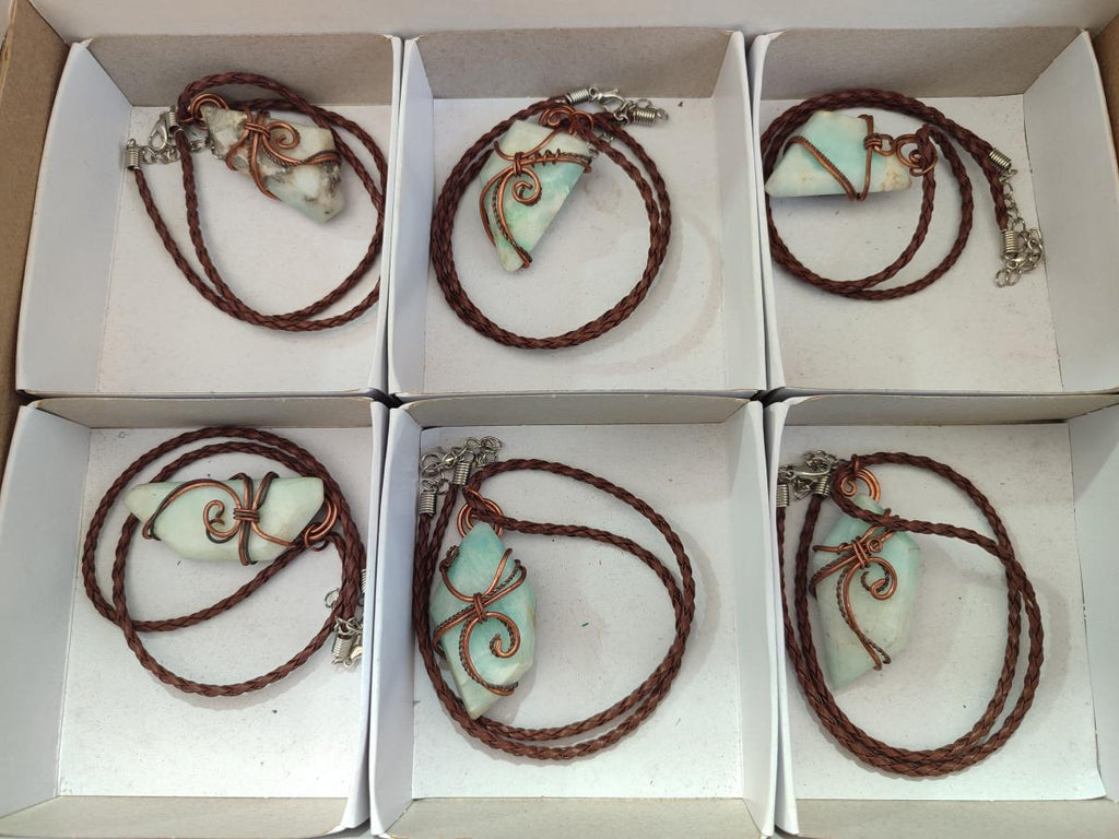 Hand Made Copper Wire Wrapped Blue Smithsonite Jewellery Necklaces x 6 From Congo