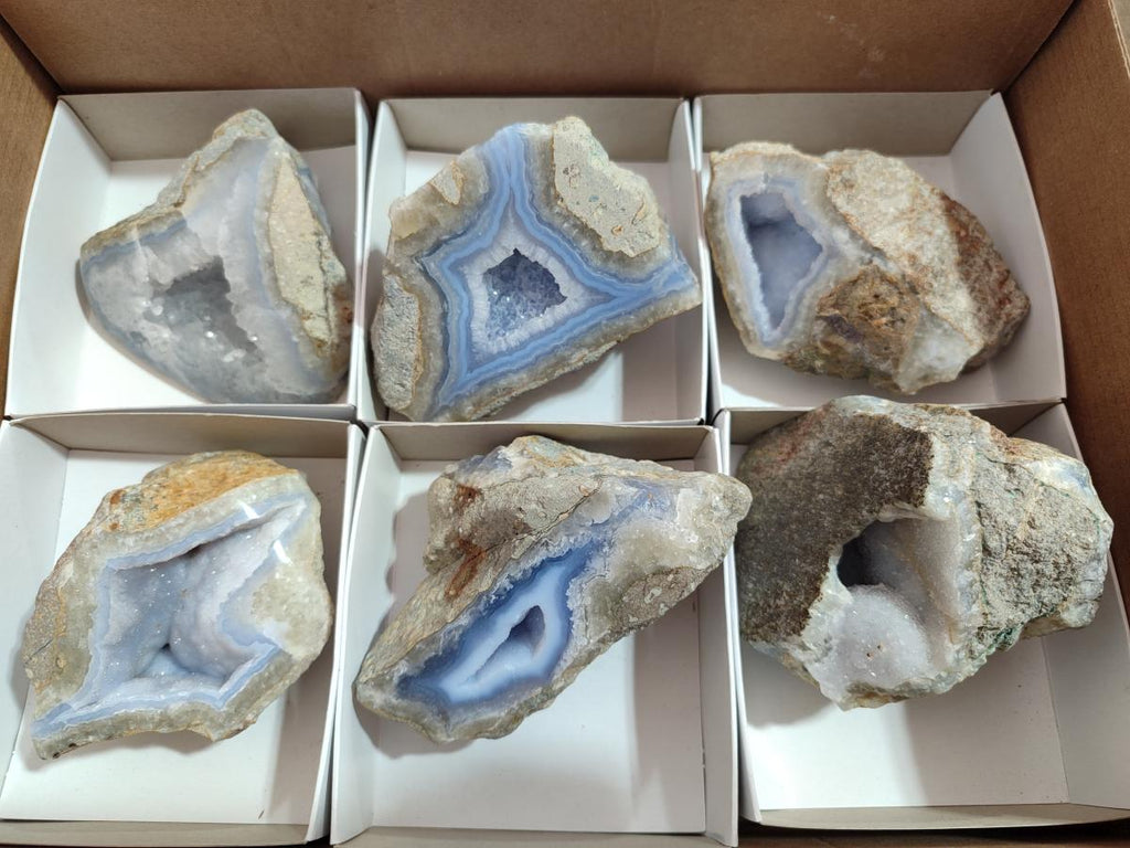 Polished One Side Blue Lace Agate Geodes x 6 From Nsanje, Malawi