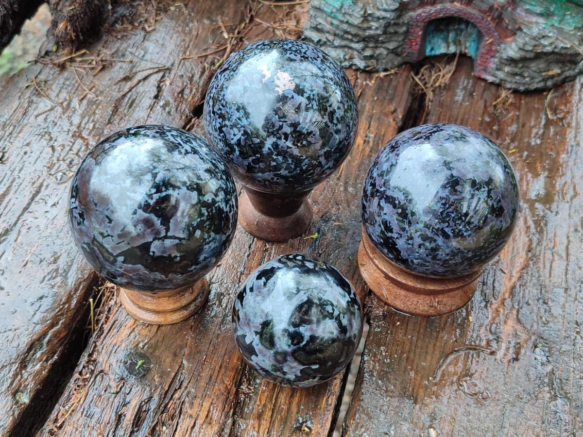 Polished Gabbro 'Merlinite' Spheres x 4 From Ambatofinandrahana, Madagascar