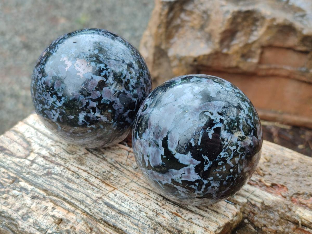 Polished Gabbro 'Merlinite' Spheres x 4 From Ambatofinandrahana, Madagascar