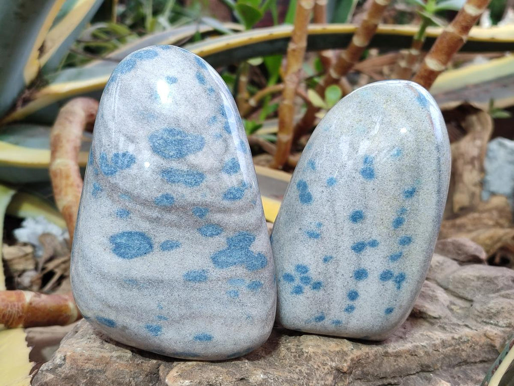 Polished Blue Spotted Spinel in Quartz Standing Display Pieces x 3 From Madagascar
