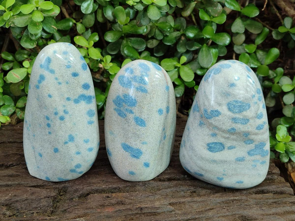 Polished Blue Spotted Spinel in Quartz Standing Display Pieces x 3 From Madagascar