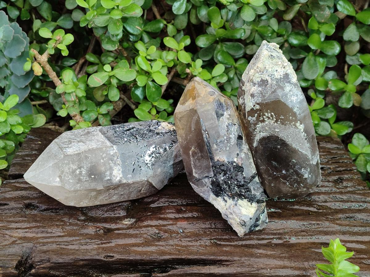 Natural Large Smokey Quartz Crystals with Black Tourmaline and Hyalite Opal x 3 From Erongo, Namibia - Toprock Gemstones and Minerals 