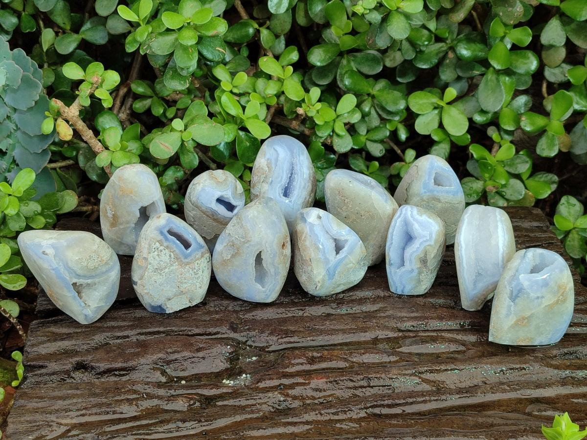 Polished and Natural Blue Lace Agate Standing Display Pieces x 12 From Nsanje, Malawi - Toprock Gemstones and Minerals 