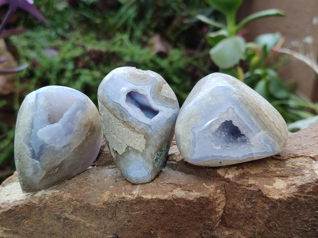 Polished and Natural Blue Lace Agate Standing Display Pieces x 12 From Nsanje, Malawi - Toprock Gemstones and Minerals 