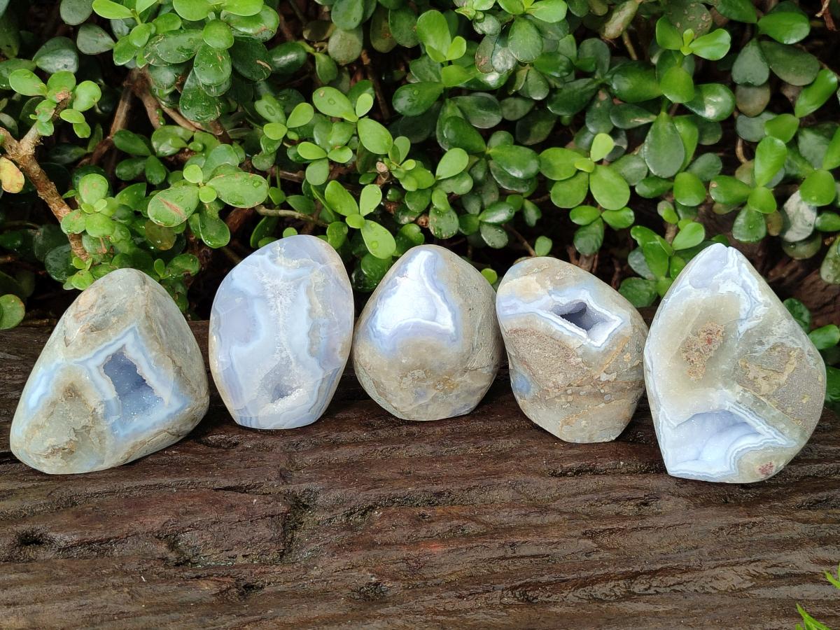 Polished and Natural Blue Lace Agate Standing Display Pieces x 5 From Nsanje, Malawi - Toprock Gemstones and Minerals 
