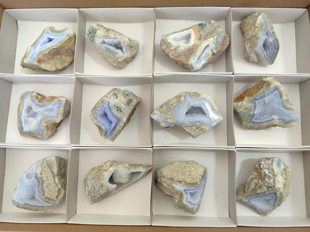 Polished One Side Blue Lace Agate Geodes x 12 From Nsanje, Malawi - Toprock Gemstones and Minerals 