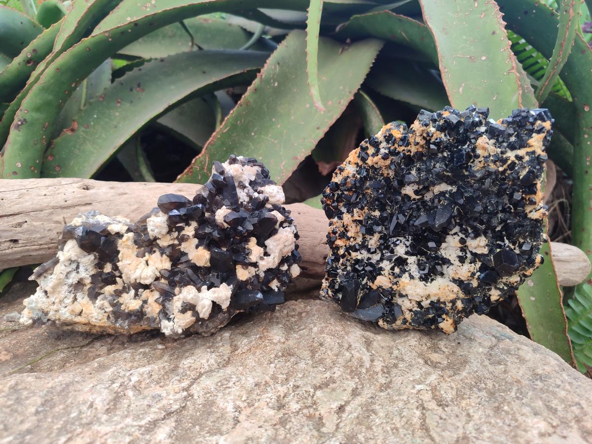 Natural Large Dark Smokey Quartz Clusters with Black Tourmaline and Feldspar x 2 From Erongo, Namibia - Toprock Gemstones and Minerals 