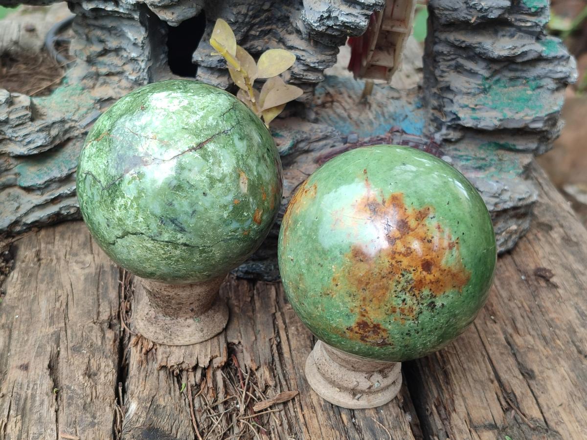 Polished Green Chrysoprase Spheres x 2 From Ambatondrazaka, Madagascar - Toprock Gemstones and Minerals 