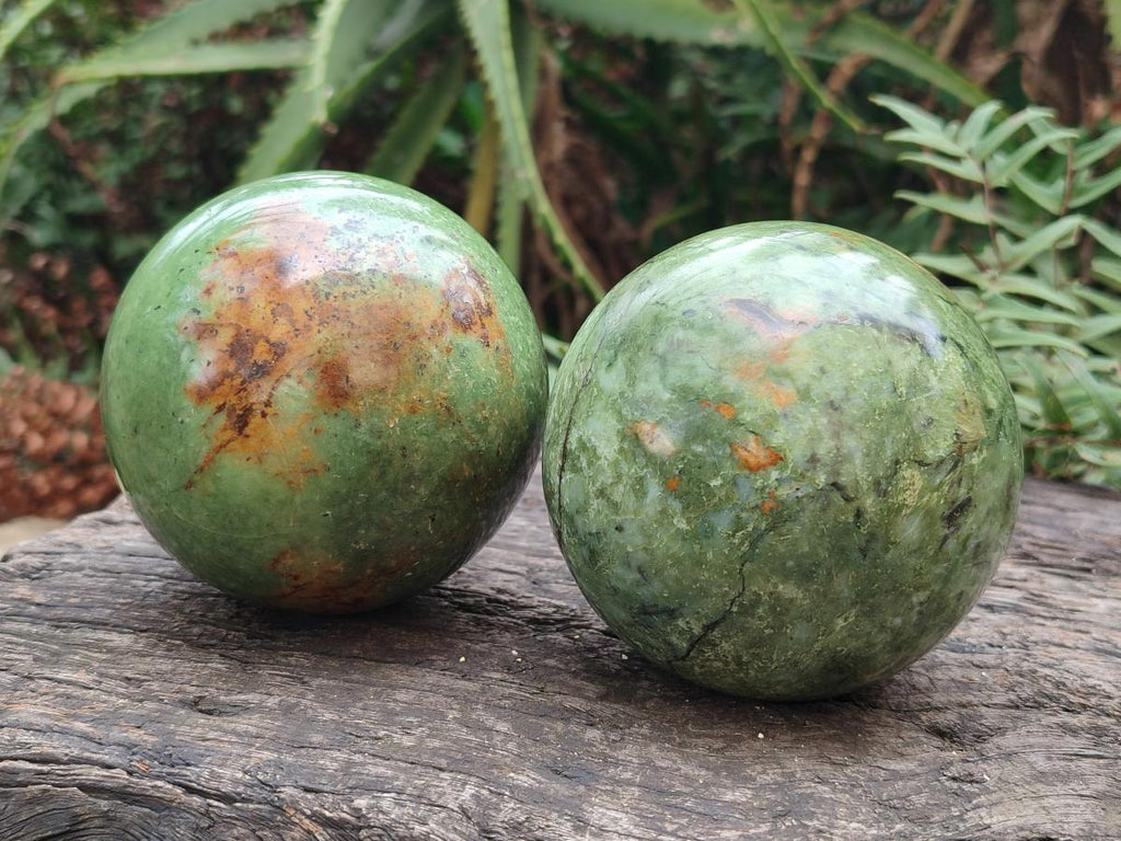 Polished Green Chrysoprase Spheres x 2 From Ambatondrazaka, Madagascar - Toprock Gemstones and Minerals 
