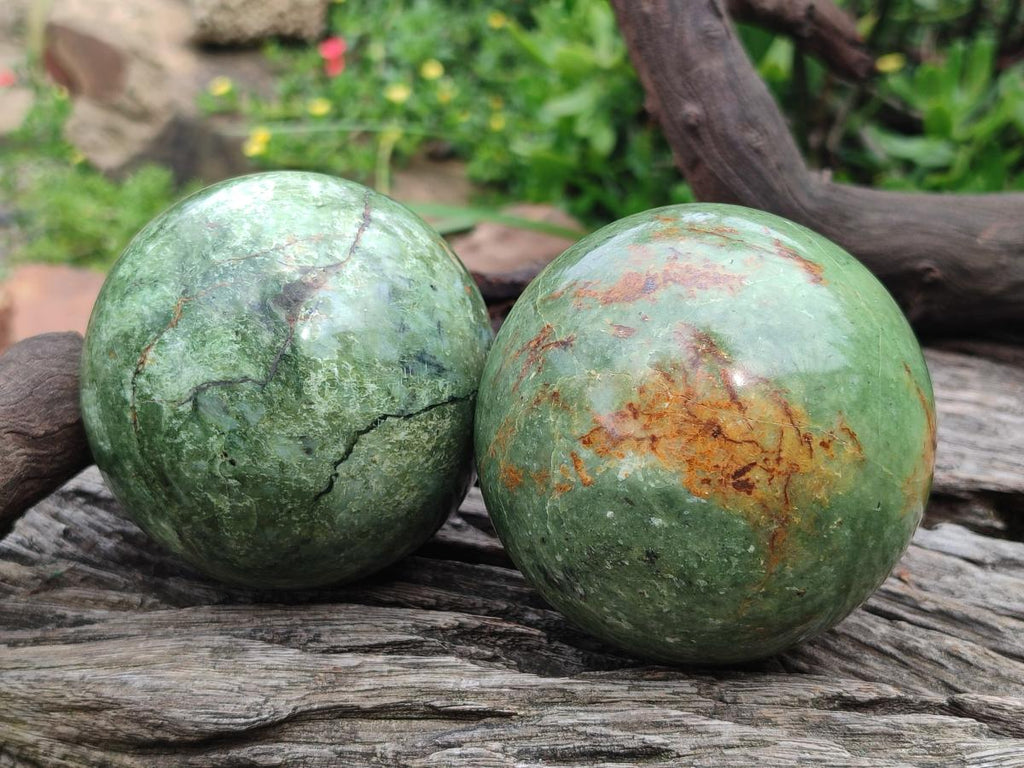 Polished Green Chrysoprase Spheres x 2 From Ambatondrazaka, Madagascar - Toprock Gemstones and Minerals 