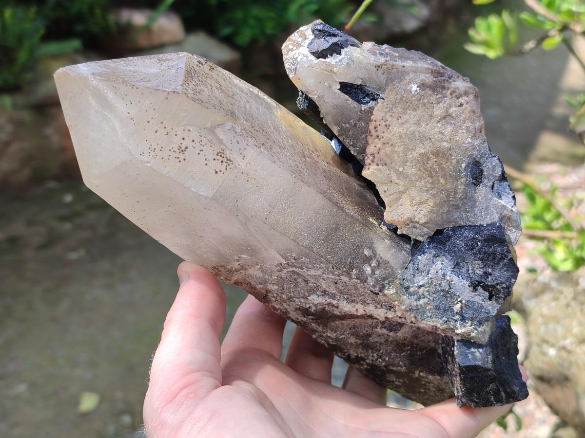 Natural Large Smokey Quartz Crystal with Schorl Black Tourmaline and Hyalite Opal x 1 From Erongo, Namibia - Toprock Gemstones and Minerals 