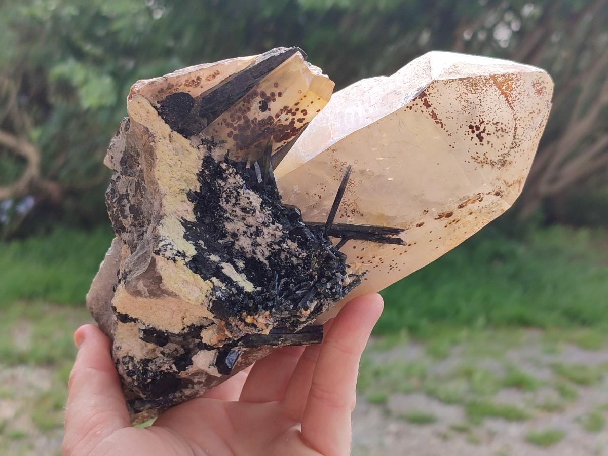 Natural Large Smokey Quartz Crystal with Schorl Black Tourmaline and Hyalite Opal x 1 From Erongo, Namibia - Toprock Gemstones and Minerals 