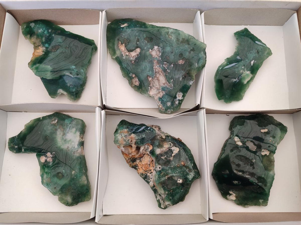 Polished One Side Mtorolite Chrysoprase Slices x 6 From Mutorashanga, Zimbabwe - Toprock Gemstones and Minerals 