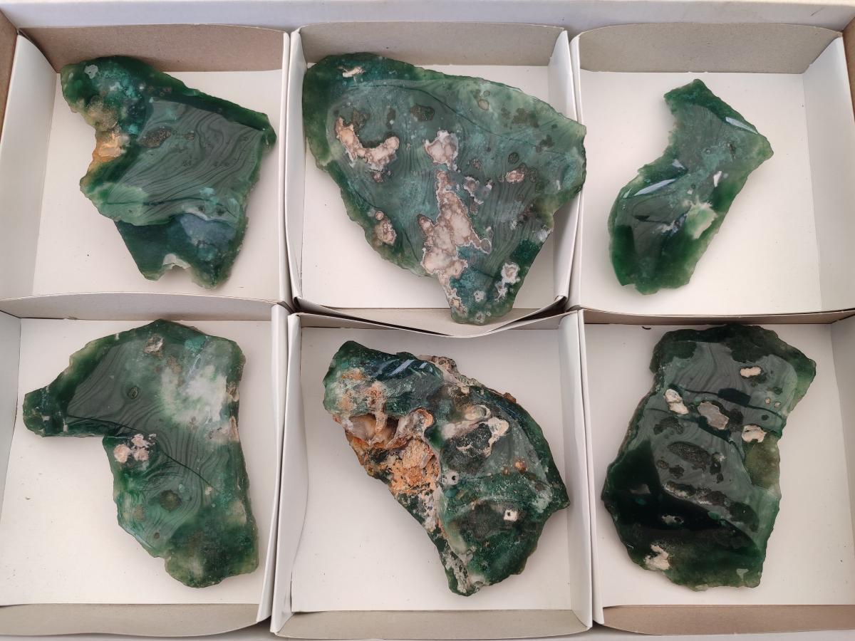 Polished One Side Mtorolite Chrysoprase Slices x 6 From Mutorashanga, Zimbabwe - Toprock Gemstones and Minerals 