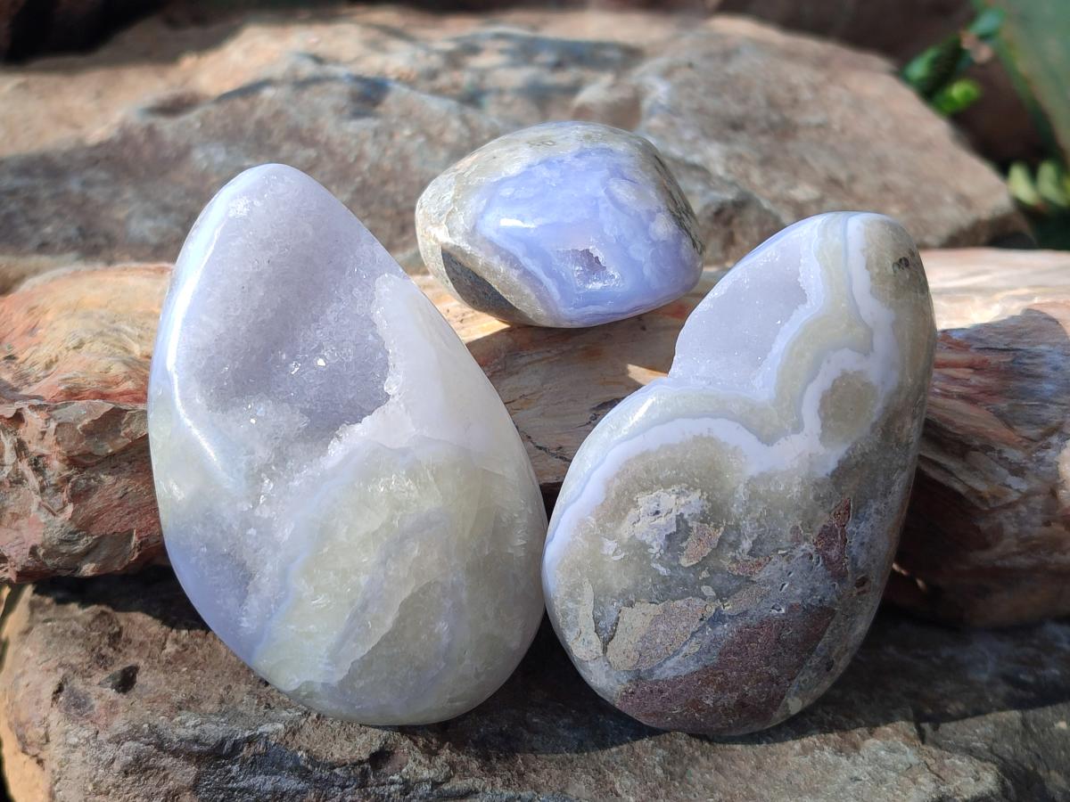 Polished and Natural Blue Lace Agate Free Forms x 17 From Nsanje, Malawi - Toprock Gemstones and Minerals 