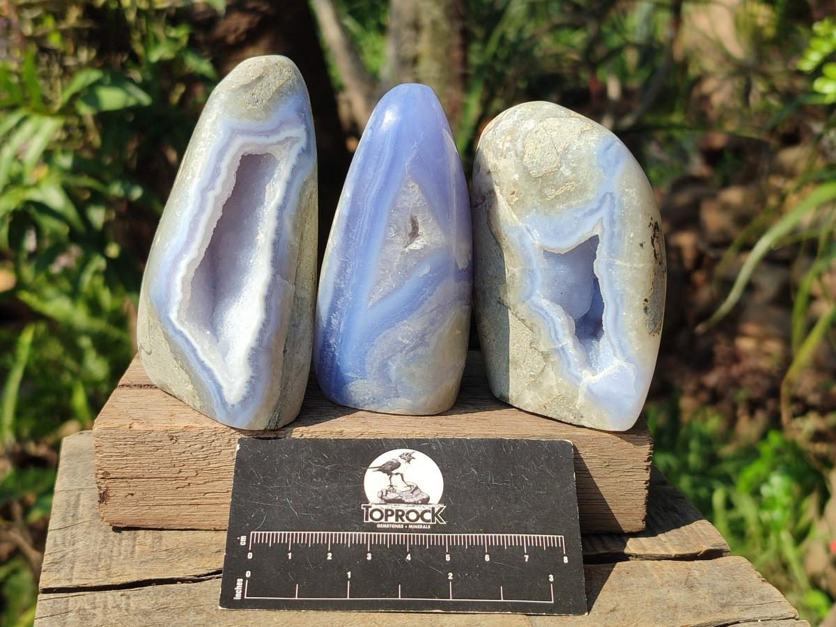 Polished and Natural Blue Lace Agate Standing Display Pieces x 6 From Nsanje, Malawi - Toprock Gemstones and Minerals 